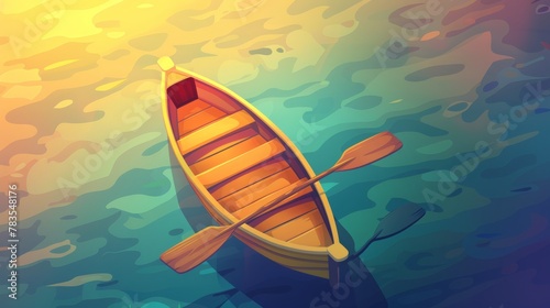 Atop a beach, a boat floats on top of the water at sunset. A wooden dinghy with paddle is floating on a river, floating in a nautical landscape cartoon illustration. A banner layout of a forest lake