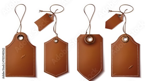 Authentic leather labels on strings isolated on white background. Modern illustration of brown tags made from natural materials. Goods badge for price or quality information about products. Vintage