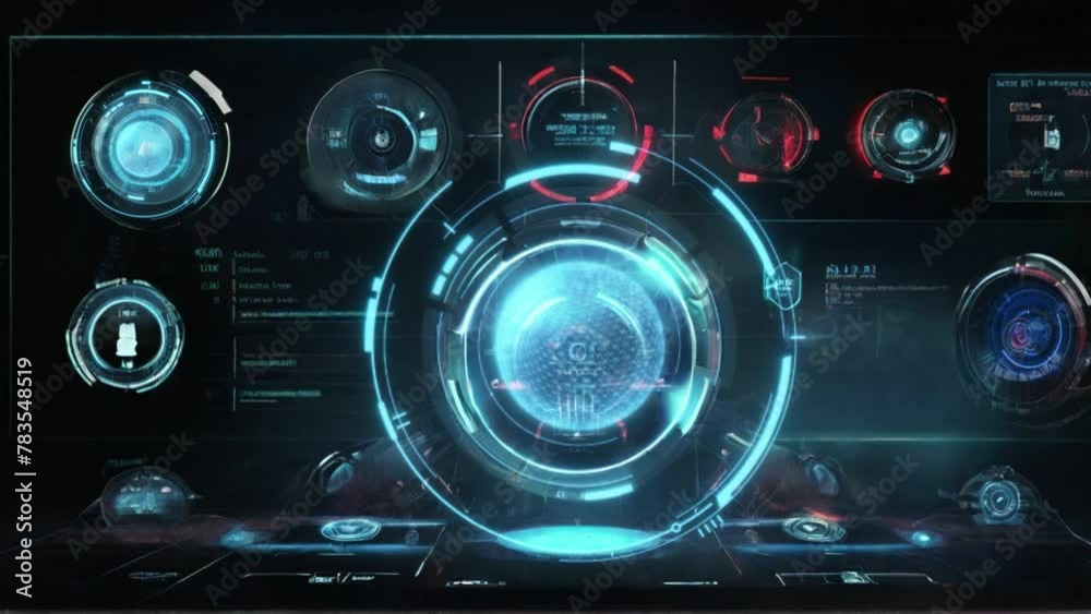 Blue digital screen futuristic HUD interface. Detailed abstract background with flashing indicators and status
