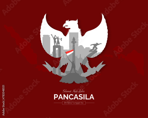 Pancasila Day Red Background With Indonesia Map, Landmark And Garuda