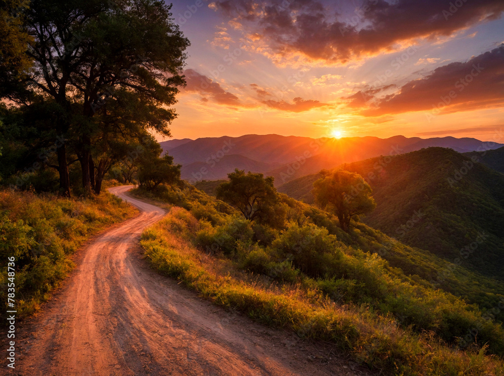 Where Dreams Meet Nature: A Scenic Dirt Road Through Hills Bathed in Golden Light