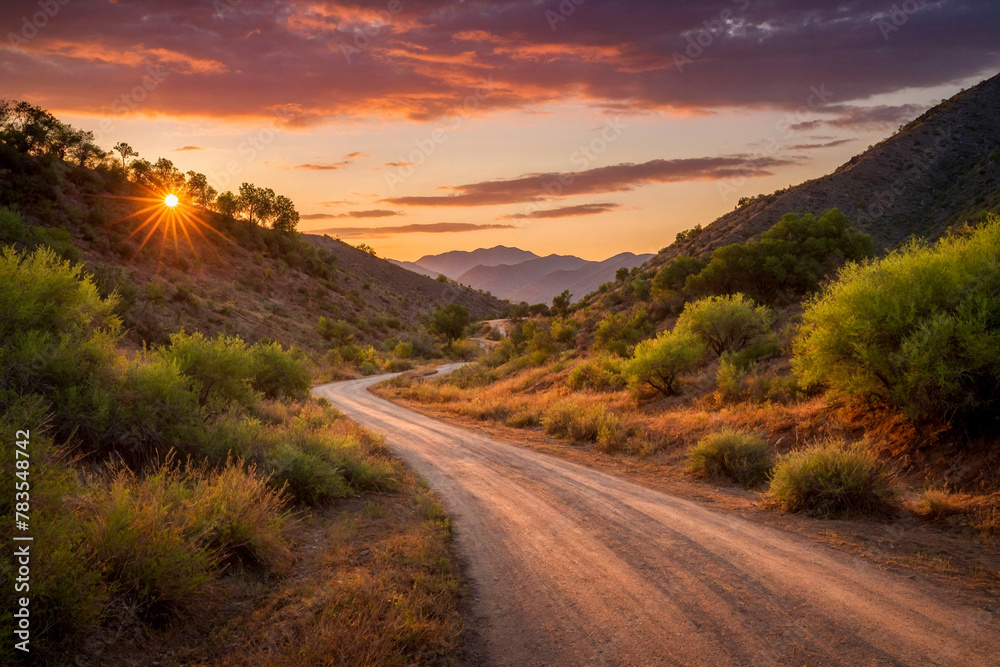 Golden Hour Adventure: Dirt Road Disappears into Hills Bathed in Sunset Light 
