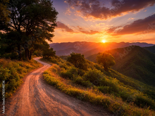 Where Dreams Meet Nature: A Scenic Dirt Road Through Hills Bathed in Golden Light