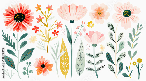Illustration of stylized colorful flowers and leaves with a variety of shapes and sizes on a light background.