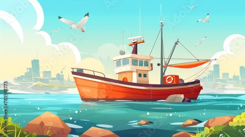 The fishing boat floats in sea water cartoon illustration background. The vessel is in the ocean with a cityscape backdrop. The commercial fishing industry vessel is being transported for catching