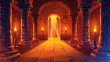 Old pyramid or pharaoh tomb corridor with pillars, stone brick walls, arch and torches, modern cartoon illustration of an ancient castle.