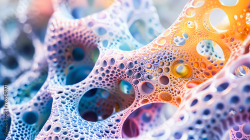 Abstract microscopic view of colorful porous structure with interconnected holes and gradients, resembling a biological or synthetic sponge-like material.