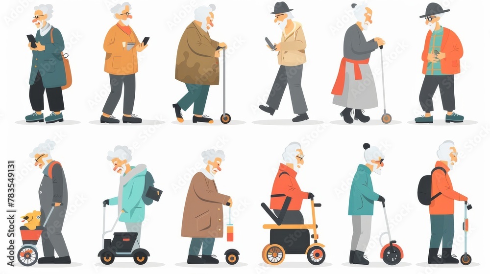Scenes of elderly using electronic devices for delivery, medical care, and socializing.
