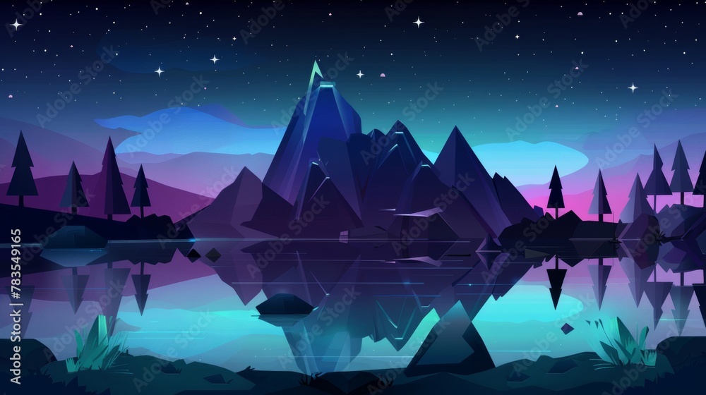 The landscape of a mountain range in the night can be seen across a sea bay. Modern cartoon illustration showing reflections of the mountainscape on the water surface, trees along the lake bank, and