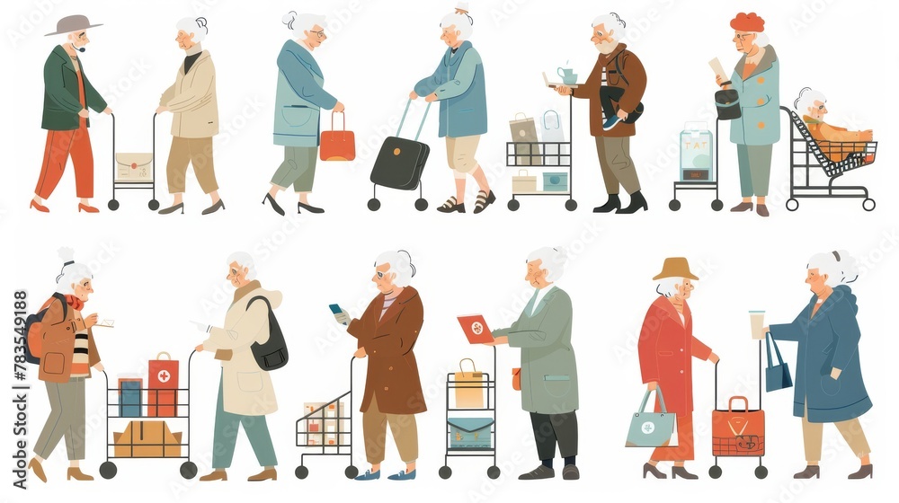 Senior people element set. Scenes of elderly using electronic devices to shop, work, get delivery, check their health, contact family and friends, and take online courses.