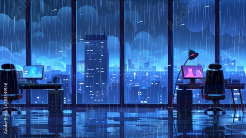 Office with large windows, desktop computers, armchairs for working and relaxing, gloomy urban view, showers pouring down from cloudy sky. Modern cartoon illustration. photo