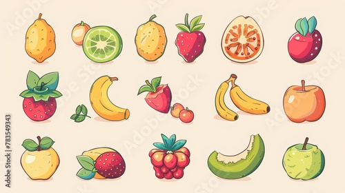 Summer promotion element set in fruity hand-drawn style on a light beige background.