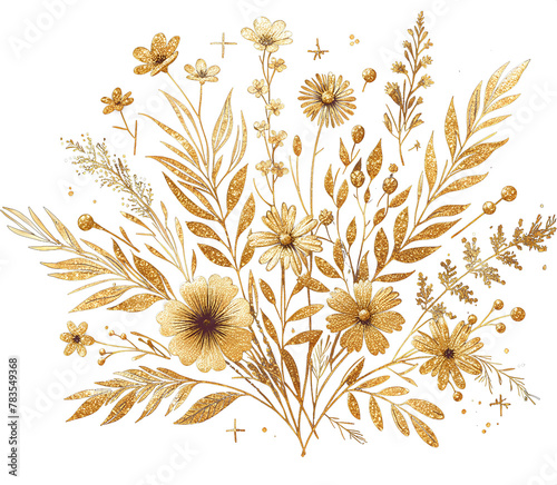 Gold leaves flowers png transparent, golden bunch of floral