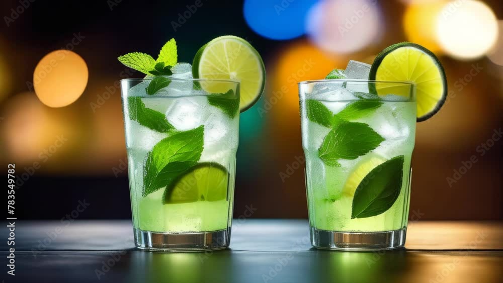Two mojito cocktail on a table over bokeh background, Party. Soda with lemon. Soda. Glass of Alcohol Cocktail with rum, lime, mint. Summer bar