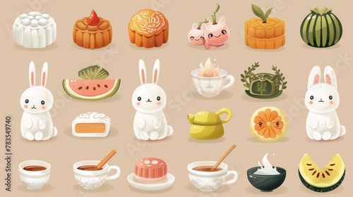 Isolated on beige background, this Mid Autumn Festival element set includes white bunnies, mooncakes, pomelo, and a cup of tea.