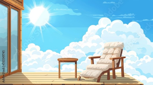 An airy wood terrace with table and armchair above cloudy skies and sun. A cartoon patio or balcony with furniture for relaxation. A modern high-rise apartment or hotel penthouse with a deck for