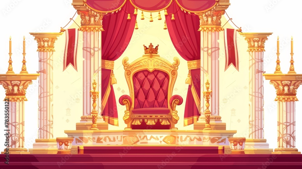 A regal throne isolated on a white background, with a luxury armchair, red velvet curtains, a chandelier, a pillar and a banner. Modern illustration of a royal palace interior, including a luxury