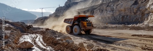 Rugged Construction Vehicles Transporting and Excavating at Sprawling Industrial Quarry Site