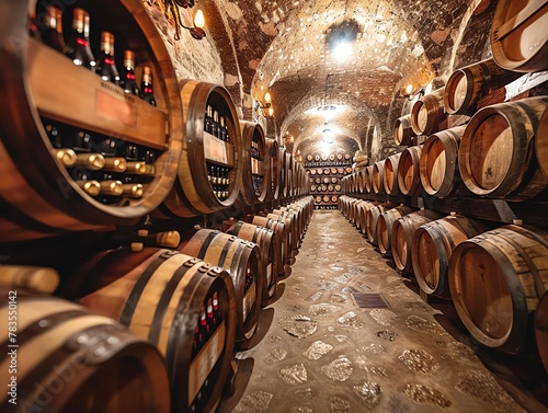 Underground wine cellar packed with rows of wooden barrels and rare wine collections, dimly lit with spotlight accents creating an intimate atmosphere