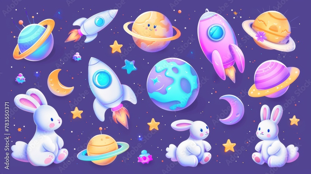 The outer space bunnies element set has planets, moons, rockets, stars, as well as rabbits sitting on rockets and playing with parachute mooncakes. The outer space bunnies element set has planets, moons, rockets, stars, as well as rabbits sitting on rockets and playing with parachute mooncakes.