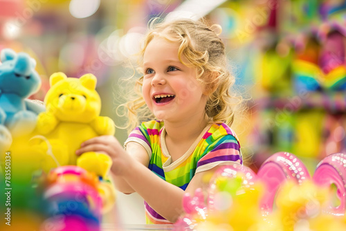 Busy toy store with colorful displays  interactive toys  and children excitedly choosing playthings.