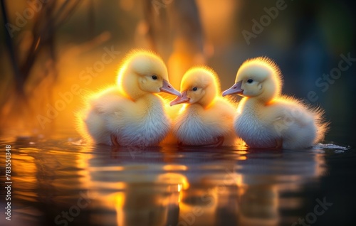 Three little ducks sitting in the water together. AI.