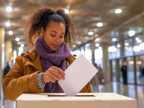 A woman in a brown jacket and scarf voting at the ballot box. AI.