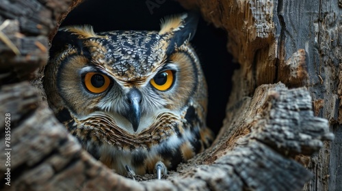 An owl peeking out of a hole in the tree trunk. AI.