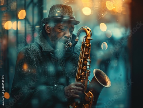 A man playing a saxophone in the rain outside. AI.