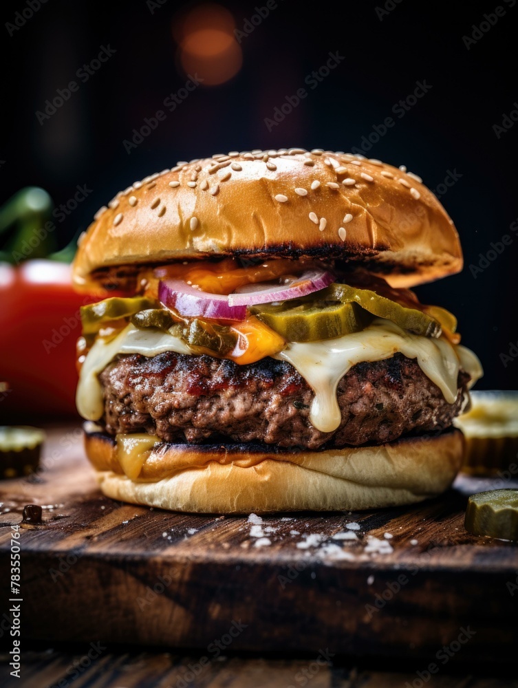 A cheeseburger with onions, pickles and cheese on a wooden cutting board. AI. A cheeseburger with onions, pickles and cheese on a wooden cutting board. AI.