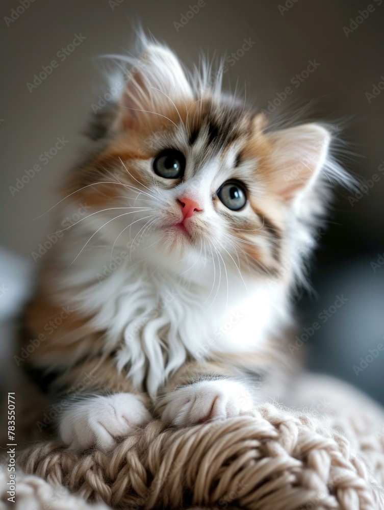 A kitten is sitting on top of a blanket looking up. AI.