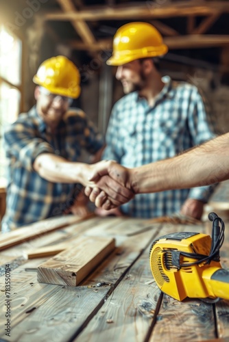 Three men shake hands in a workshop