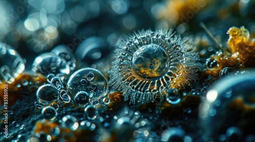 A close up of a sea anemone with bubbles on it. AI.