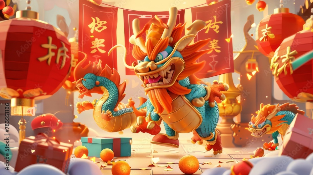 This CNY holiday promotion pop-up ad template shows dragons running in front of a giant red envelope with money, fortune bags, firecrackers, oranges, and gift boxes. The text reads: Check it out now.