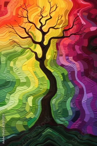 A colorful tree with a black trunk is the main focus of this painting