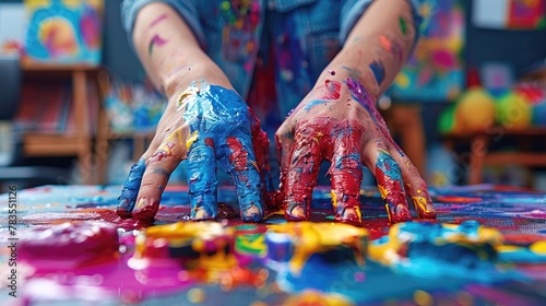 A person's hands are covered in paint, with one hand being blue