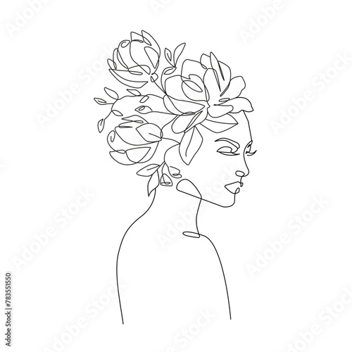 Female Face with Flowers Line Art Drawing. Minimal Linear Illustration of Woman Face with Flowers. Line Drawing Abstract Woman Head for Trendy Boho Design. Vector Illustration
