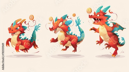 Various dragons  some with coins  others without  running while cheering.