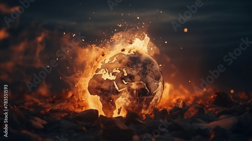 A world ablaze at dusk, embers of continents, closeup shot