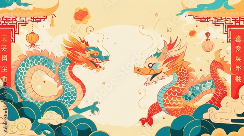 This illustration depicts traditional doufang with a line filled dragon in front of a yellow background with festive decorations around. Text reads: Auspicious new year. Spring. photo