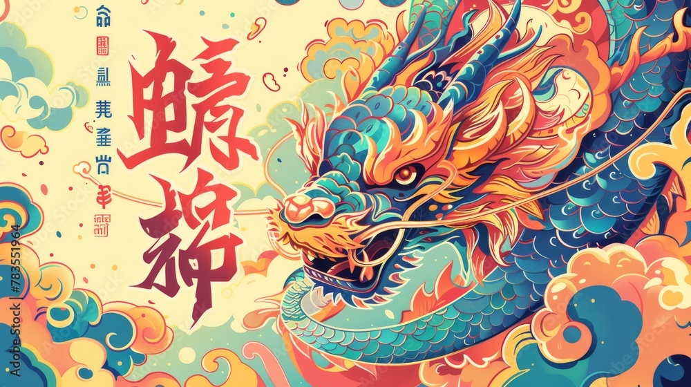 Poster featuring a vibrant dragon with a pattern tangling around Chinese greeting words. Text: Dragons bring prosperity.