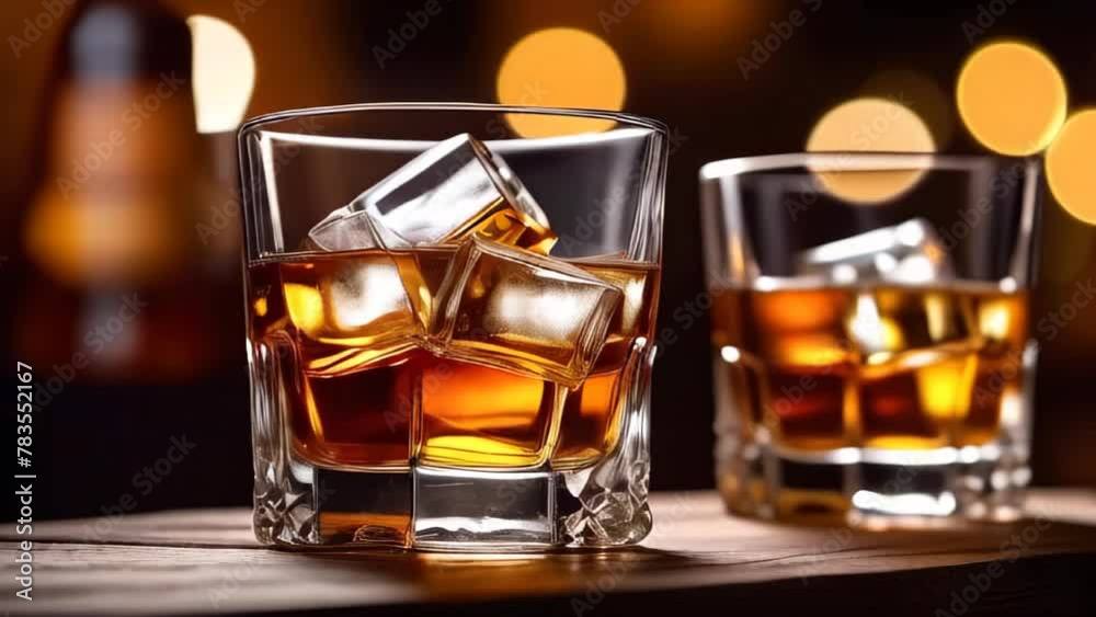 Two glasses filled with whiskey with ice stand on wooden table over bokeh background. Two glasses of whiskey with ice isolated closeup slow motion Two glasses filled with whiskey with ice stand on wooden table over bokeh background. Two glasses of whiskey with ice isolated closeup slow motion