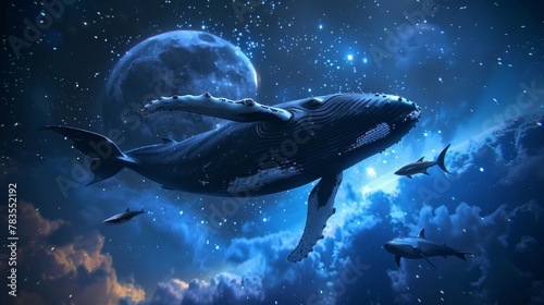 An illustration of a humpback whale and stingray flying through a beautiful constellation with a sliver moon in the background.