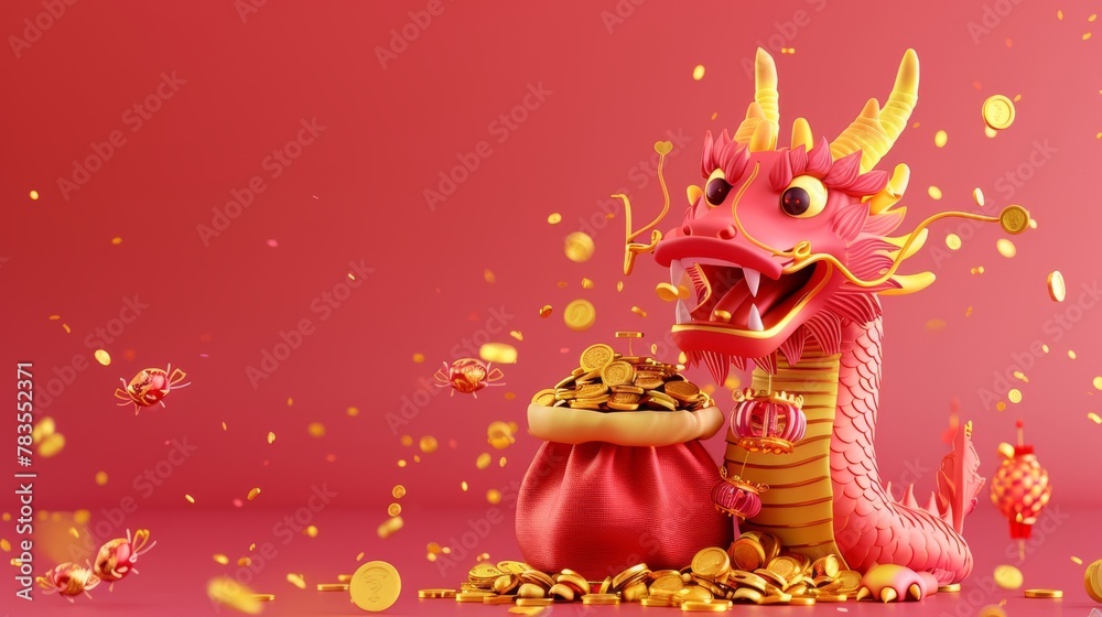 An animated 3D Chinese New Year poster with a dragon holding a fortune bag filled with gold. The text reads: Fortune for the year ahead.