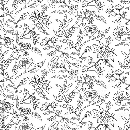 Seamless pattern with monochrome black and white chinoiserie hand drawn motifs. Floral wallpaper with orintal folk style ornament. © akini