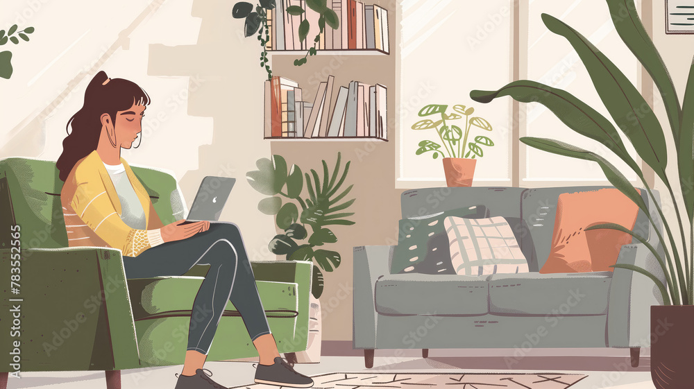 Fototapeta premium Woman paying bills online, sitting in living room, working on notebook. Online banking, internetbanking at home throught website, app. Generative AI