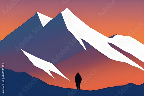 A person stands on a mountain peak, surrounded by snow-capped mountains, with a beautiful sunset in the background.