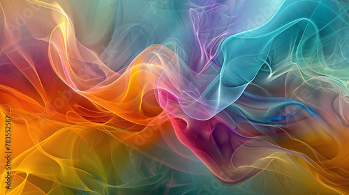 Energetic swirls of vibrant hues intertwine, creating a visually striking gradient wave with fluid motion. photo