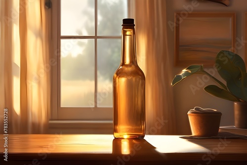 A bottle of water sits in the center of a rustic oak table in a living room, bathed in the soft ambient glow of sunset.