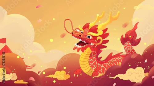 A red and yellow CNY template set showing the Year of the Dragon. The text reads  Auspicious New Year. Dragon Year.
